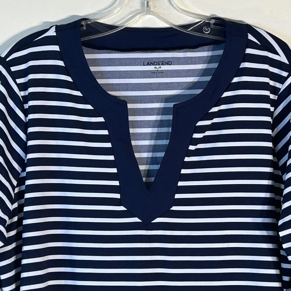 Lands' End Womens XL Petite‎ Navy Blue White Striped Swim Tunic Rash Guard Top